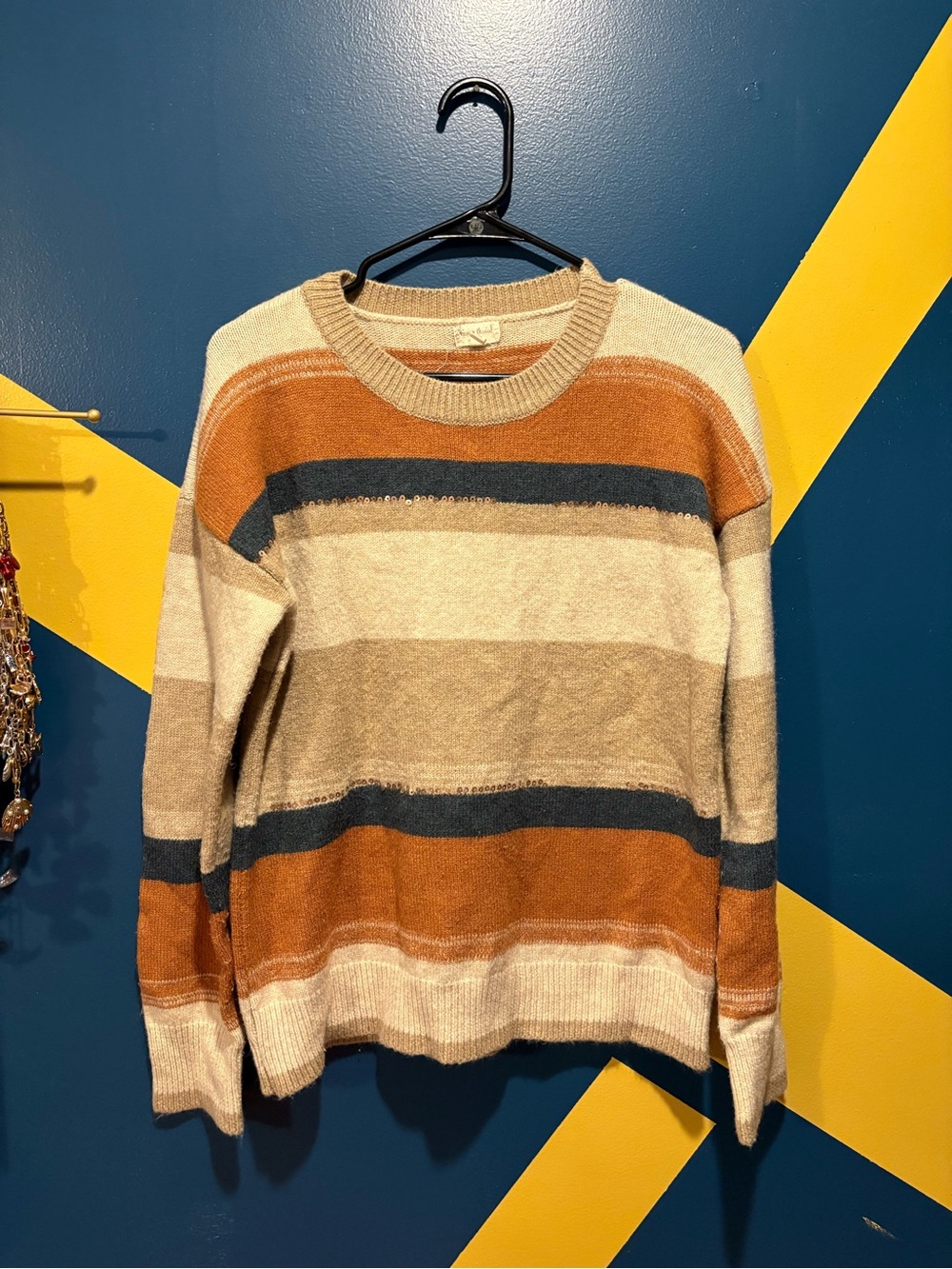 Hem & Thread Neutral & Navy Striped Sequin Detail Crewneck Sweater EUC
